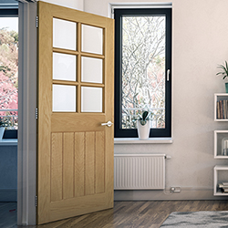 Deanta Ely Internal Door with 5 Panel and 6 Clear Bevelled Glazed Light - Unfinished Oak