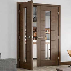 Deanta Seville Internal Door with 7 Panel and 1 Clear Glazed Light - Prefinished Walnut