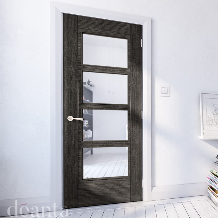 Deanta Montreal Internal Fire Door - 6 Panel and 4 Clear Glazed Light Prefinished Dark Grey Ash