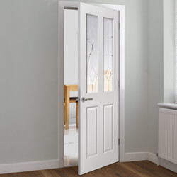 JB Kind Canterbury Internal Door - 2 Panel 2 Etched Glazed Light - White Primed Grained Textured