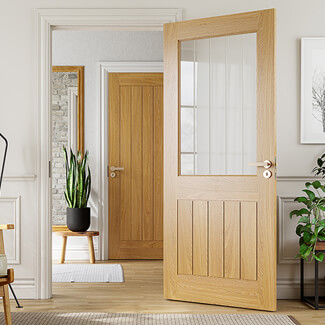 Deanta Ely Internal Door with 5 Panel and 1 Clear Half Glazed Light - Unfinished Oak