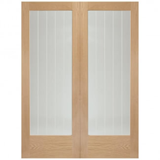 XL Joinery Suffolk Internal Door Pair with 2 Etched Glazed Light - Unfinished Oak