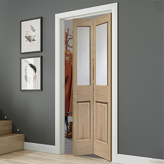 XL Joinery Malton Internal Bi-fold Door with 2 Panel and 2 Bevelled Glazed Light - Unfinished Oak
