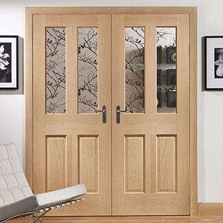 XL Joinery Malton Internal Door Pair with 4 Panel and 4 Bevelled Glazed Light - Unfinished Oak