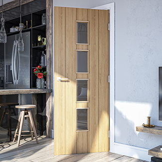 Deanta Galway Internal Fire Door with 5 Panel and 4 Clear Glazed Light - Unfinished Oak