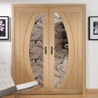 XL Joinery Salerno Internal Door Pair with 4 Panel and 2 Clear Glazed Light - Unfinished Oak