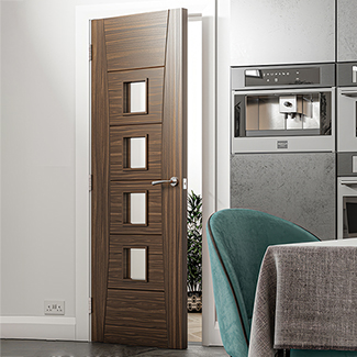 Deanta Pamplona Internal Fire Door - 6 Panel and 4 Clear Glazed Light - Prefinished Walnut