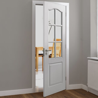 JB Kind Classique Internal Door - 1 Panel and 6 Clear Glazed Light - White Primed Grained Textured
