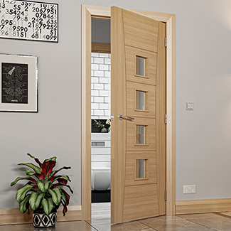 Deanta Pamplona Internal Door with 6 Panel and 4 Clear Glazed Light - Prefinished Oak