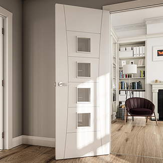 Deanta Pamplona Internal Door with 6 Panel and 4 Clear Glazed Light - White Primed