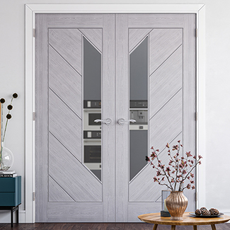 Deanta Torino Internal Door with 6 Panel and 1 Clear Glazed Light - Prefinished Light Grey Ash
