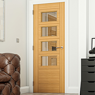 Deanta Seville Internal Door with 7 Panel and 4 Clear Glazed Light - Prefinished Oak