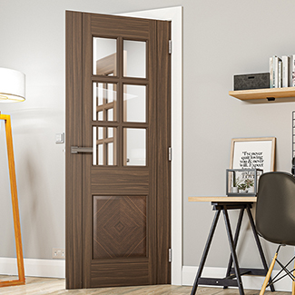 Deanta Kensington Internal Door - 1 Panel and 6 Clear Bevelled Glazed Light Prefinished Walnut