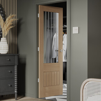 XL Joinery Suffolk Internal Door with 6 Panel and 1 Etched Glazed Light - Prefinished Oak