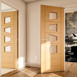 Deanta Seville Internal Door with 7 Panel and 4 Clear Slanted Glazed Light - Prefinished Oak