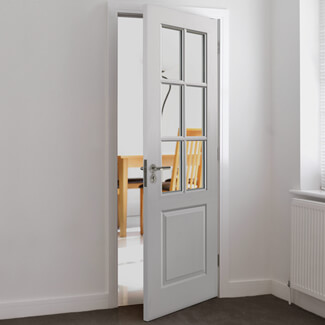 JB Kind Faro Internal Door with 1 Panel and 6 Clear Glazed Light - White Primed Grained Textured