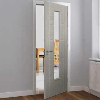 JB Kind Tigris Slim Internal Door with 5 Panel and 1 Clear Glazed Light - Laminate Light Grey