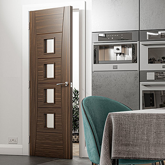 Deanta Pamplona Internal Door with 6 Panel and 4 Clear Glazed Light - Prefinished Walnut