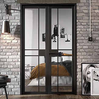 LPD Greenwich W4 Internal Room Divider Door Set with 5 Clear Glazed Light - Black Primed
