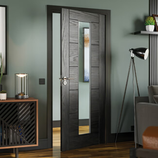 Deanta Seville Internal Door with 7 Panel and 1 Clear Glazed Light - Painted Brushed Black Oak