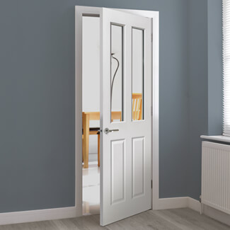JB Kind Canterbury Internal Door - 2 Panel and 2 Clear Glazed Light - White Primed Grained Textured