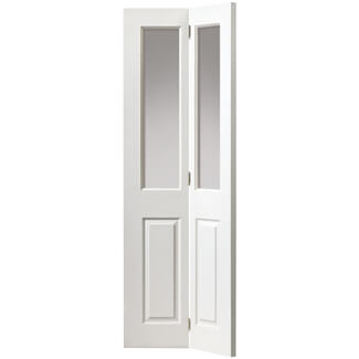 JB Kind Canterbury Bi-fold Internal Door - 2 Panel 2 Clear Glazed Light - White Primed Grained Textured