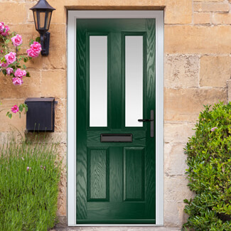 Crystal Carnoustie Left Hand External Door with 2 Panels and 2 Stipolytte Glazed Light - Green