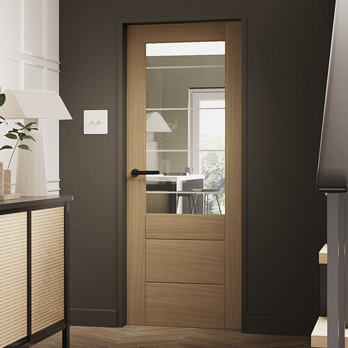 XL Joinery Palermo Essential 2XG Pre-Finished Oak 3-Panels 1-Lite Internal Clear Etched Glazed Door