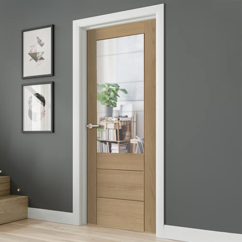 XL Joinery Palermo 2XG Un-Finished Oak 3-Panels 1-Lite Internal Clear Etched Glazed Fire Door