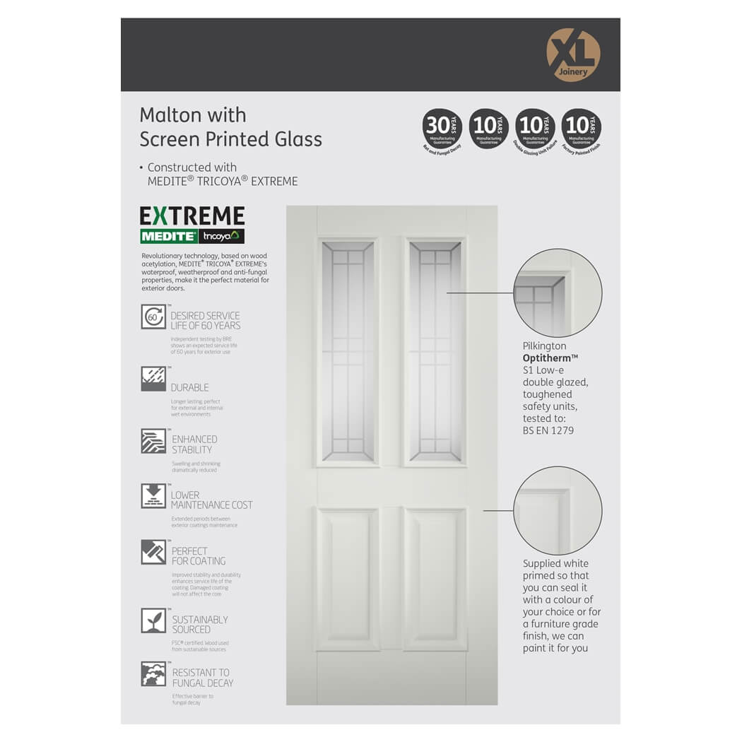 XL Joinery Tricoya Malton White Primed 2-Panels 2-Lites External Glazed Door