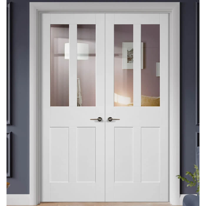 XL Joinery Malton Shaker White Primed 4-Panels 4-Lites Internal Glazed Door Pair