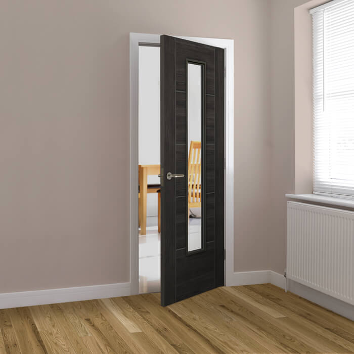 JB Kind Tigris Cinza Pre-Finished Dark Grey 5-Panels 1-Lite Laminate Internal Glazed Door