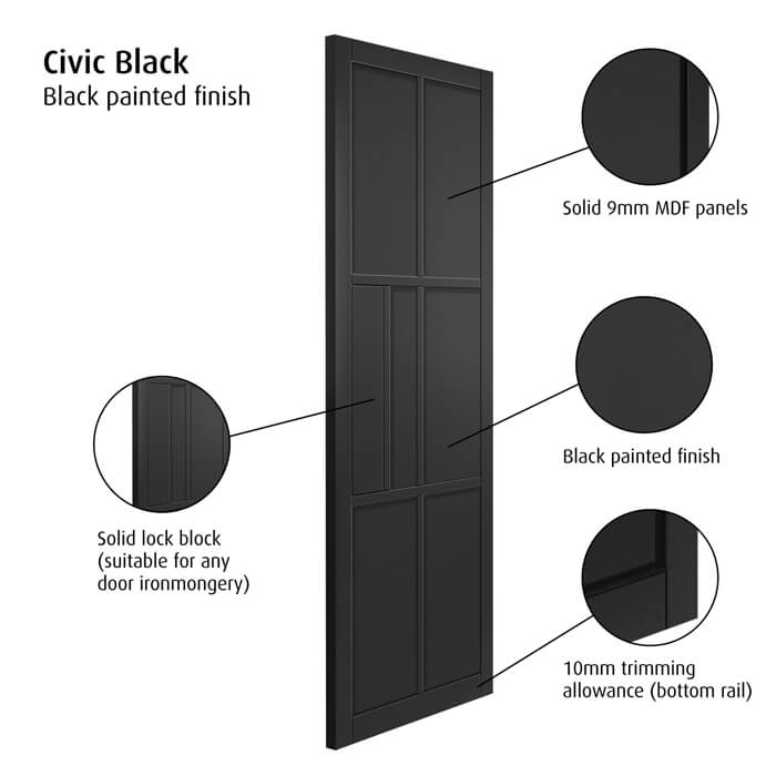 JB Kind Civic Painted Black 1-Panel 6-Lights Internal Glazed Door