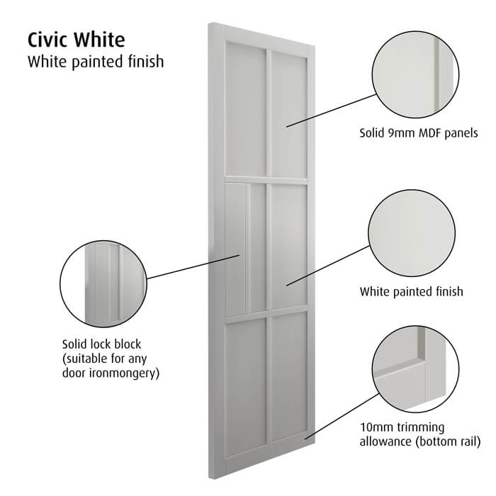 JB Kind Civic Painted White 6-Panels Internal Door