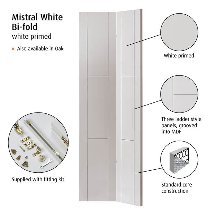 JB Kind Mistral White Primed 6-Panels Internal Bi-Fold Door