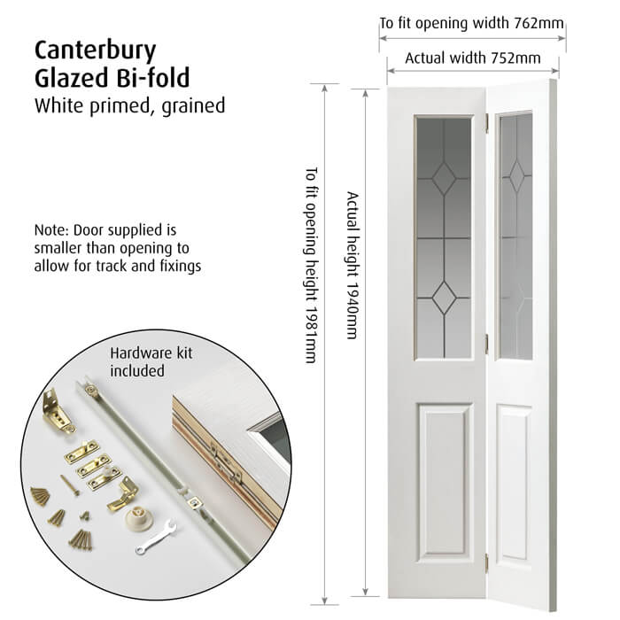 JB Kind Canterbury White Primed 2-Panels 2-Lites Internal Bi-Fold Glazed Door