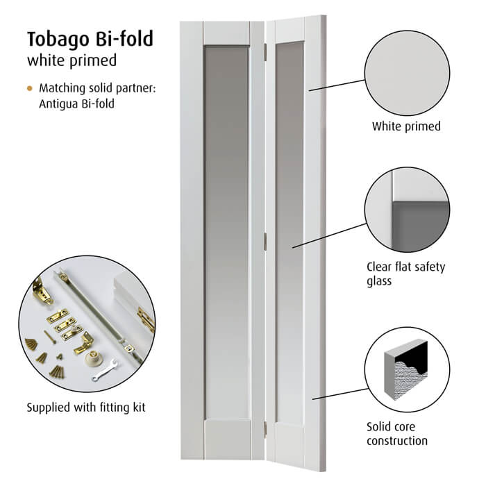 JB Kind Tobago White Primed 2-Lites Internal Bi-Fold Glazed Door