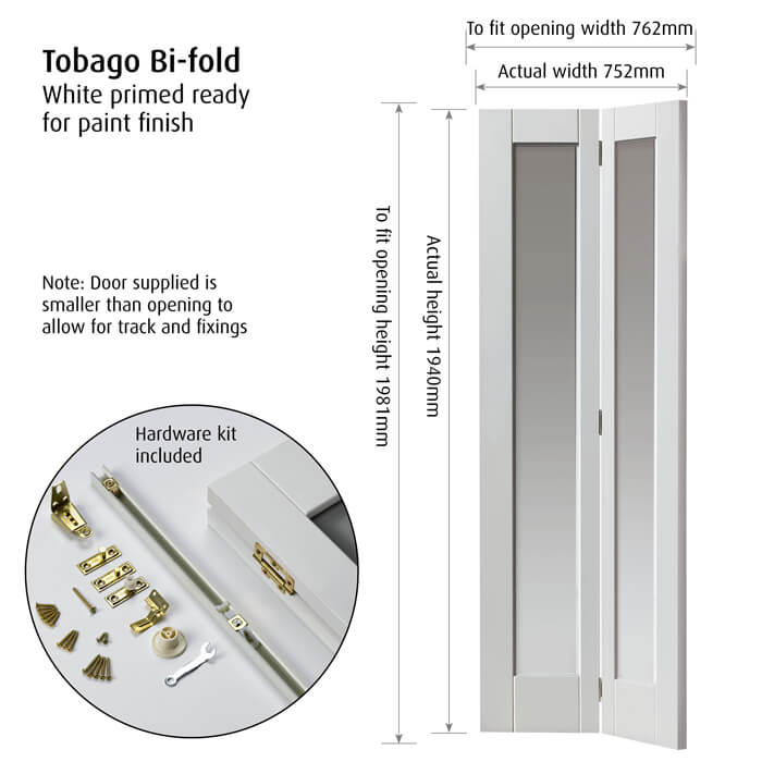 JB Kind Tobago White Primed 2-Lites Internal Bi-Fold Glazed Door