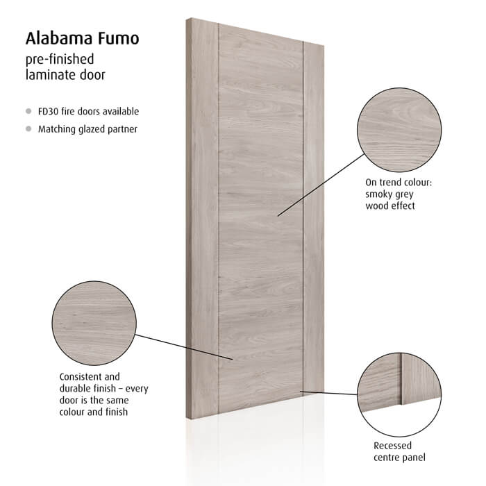 JB Kind Alabama Fumo Pre-Finished Smoky Grey 1-Panel Internal Fire Door