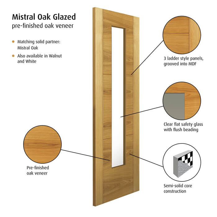 JB Kind Mistral Pre-Finished Oak 3-Panels 1-Lite Internal Glazed Door