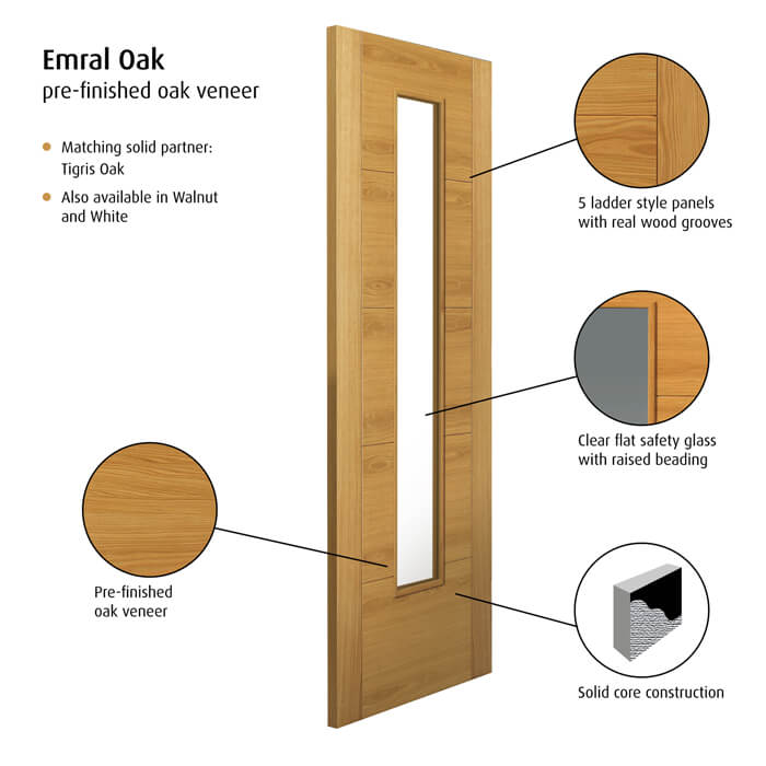 JB Kind Emral Pre-Finished Oak 5-Panels 1-Lite Internal Glazed Door