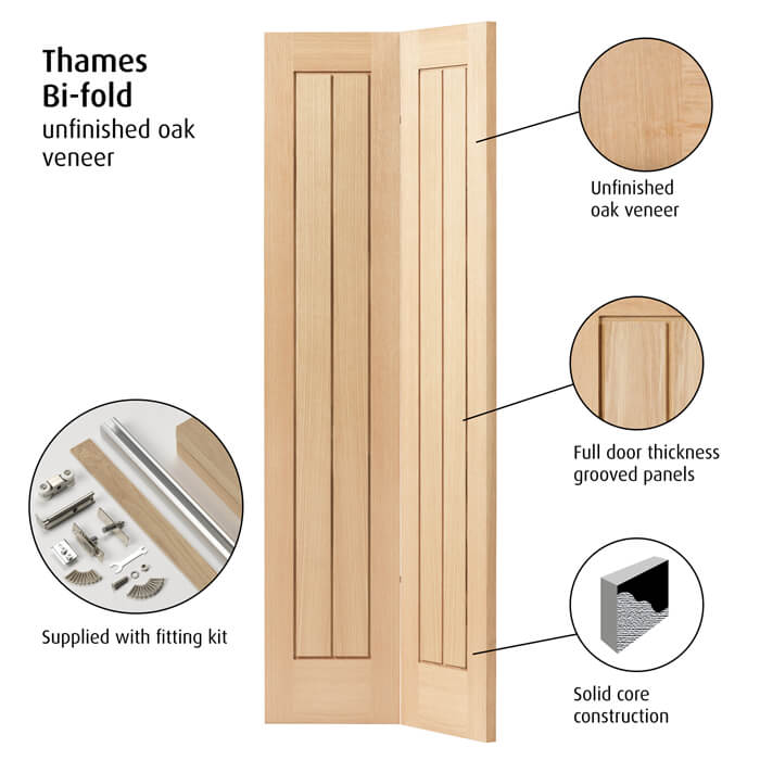 JB Kind Thames Original Un-Finished Oak 2-Panels Internal Bi-Fold Door