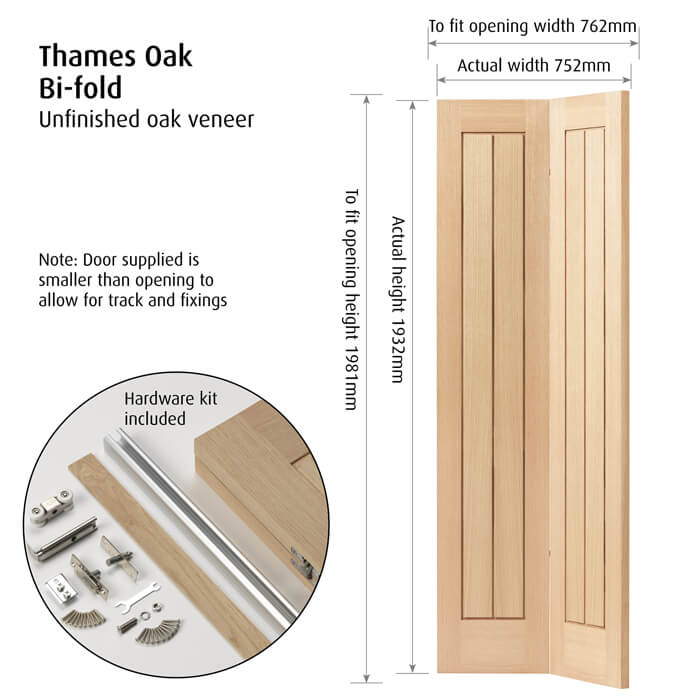 JB Kind Thames Original Un-Finished Oak 2-Panels Internal Bi-Fold Door