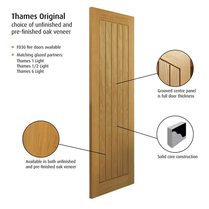 JB Kind Thames Un-Finished Oak 1-Panel Internal Door