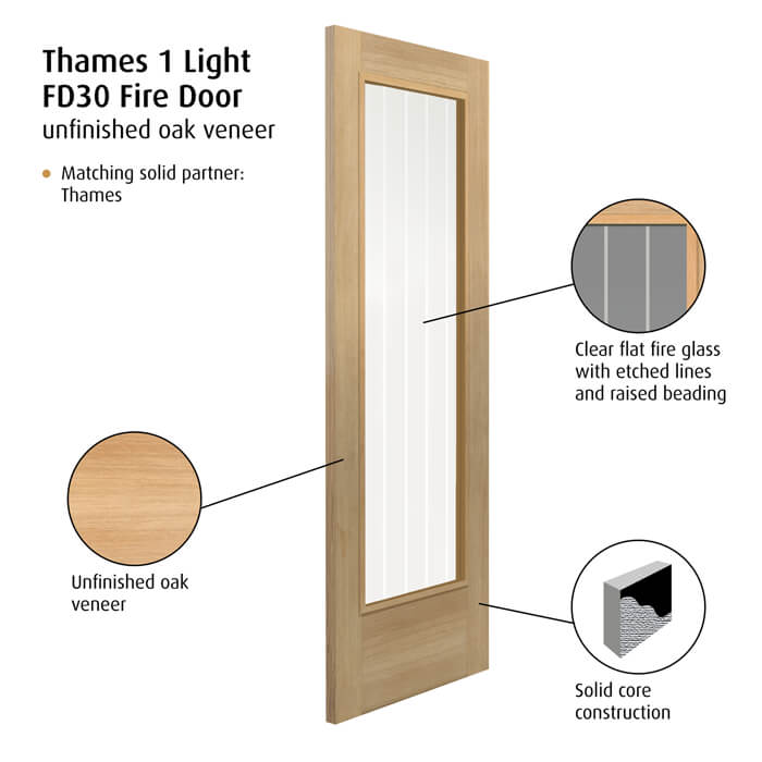 JB Kind Thames Un-Finished Oak 1-Lite Internal Glazed Fire Door