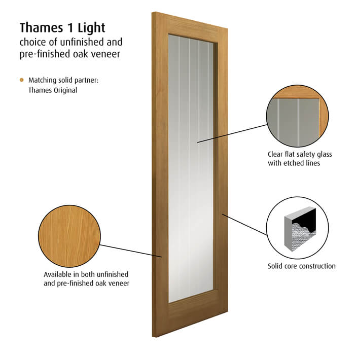 JB Kind Thames Un-Finished Oak 1-Lite Internal Glazed Door