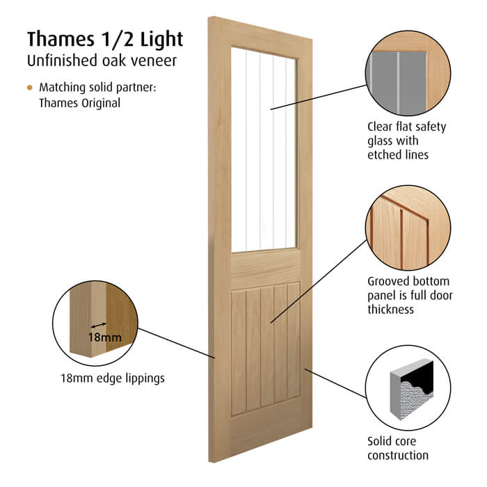 JB Kind Thames Un-Finished Oak 1-Panel 1-Lite Internal Glazed Door