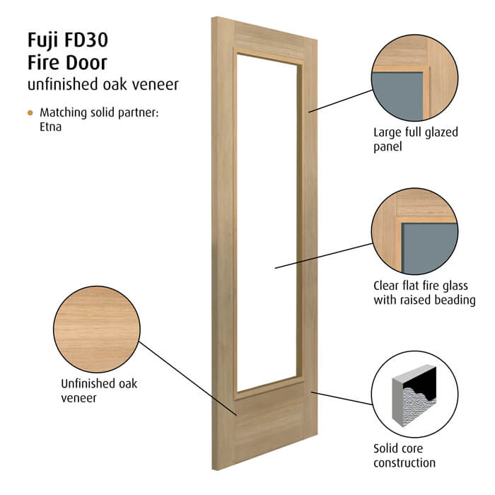 JB Kind Fuji Un-Finished Oak 1-Lite Internal Glazed Fire Door