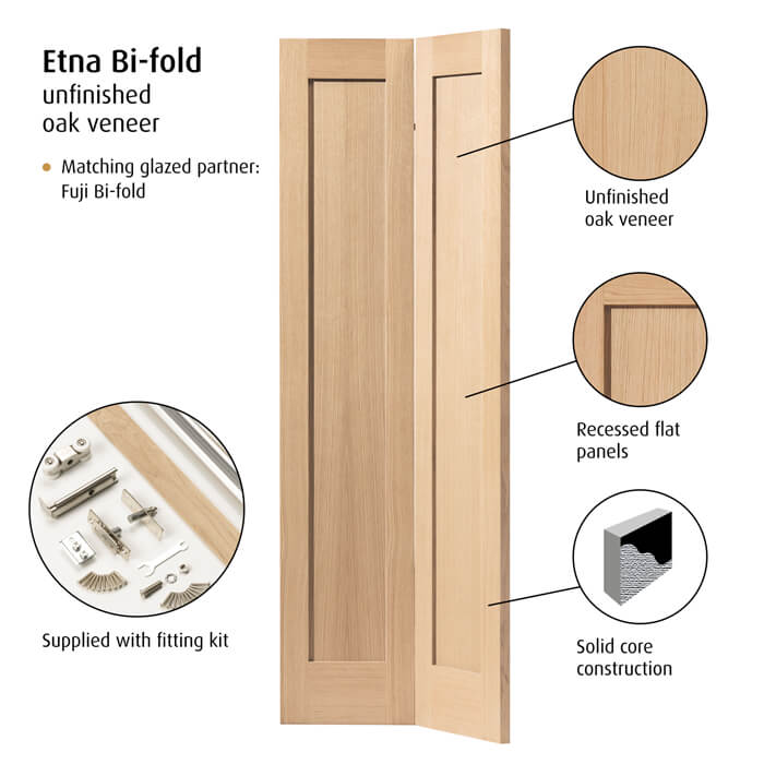 JB Kind Etna Un-Finished Oak 2-Panels Internal Bi-fold Door