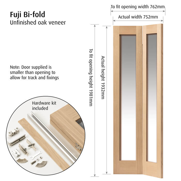 JB Kind Fuji Un-Finished Oak 2-Lites Internal Bi-Fold Glazed Door